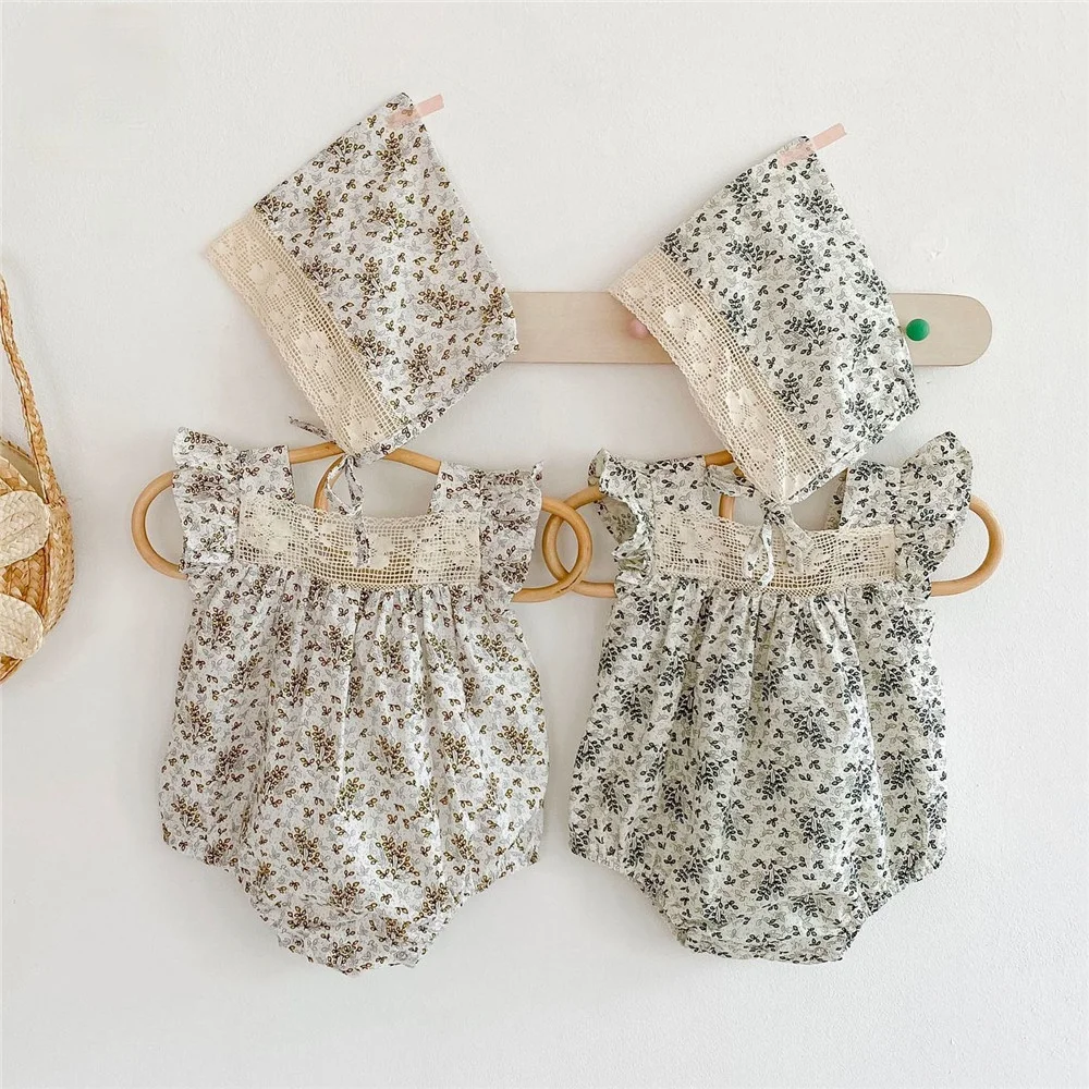 

Summer Newborn Baby Girl Clothes Sets Ruffle Floral Baby Tops + Headband 2Pcs Infant Girls Outfits Vintage Lace Baby Rompers