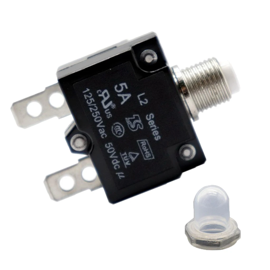 5 Amp DC Thermal Circuit Breaker with Quick Connect Terminal & Transparent Waterproof Button Cover 5 Amp DC Thermal Circuit Breaker with Quick Connect Terminal & Transparent Waterproof Button Cover