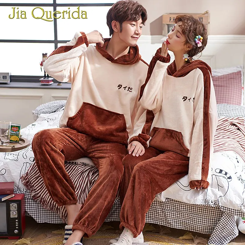 

Winter Couple Pajamas Set Hooded Pullover Flannel Brown Color Matching Pocket Sweater Teddy Style Long Sleeves Pants Homewear