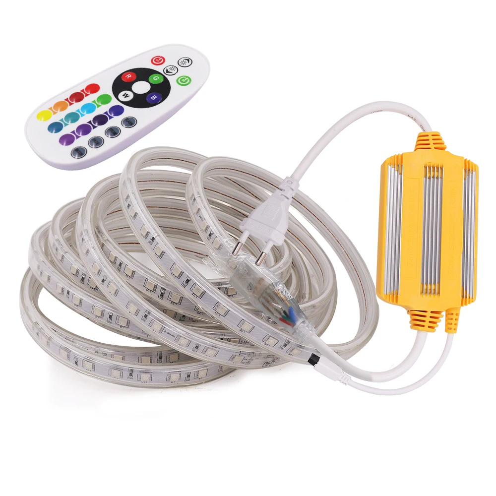 

5050 RGB LED Strip Light 24key Kit Remote Control 220V 230V 240V AC 5050 60LEDs/m Waterproof Flexible Led Ribbon Home Decoration