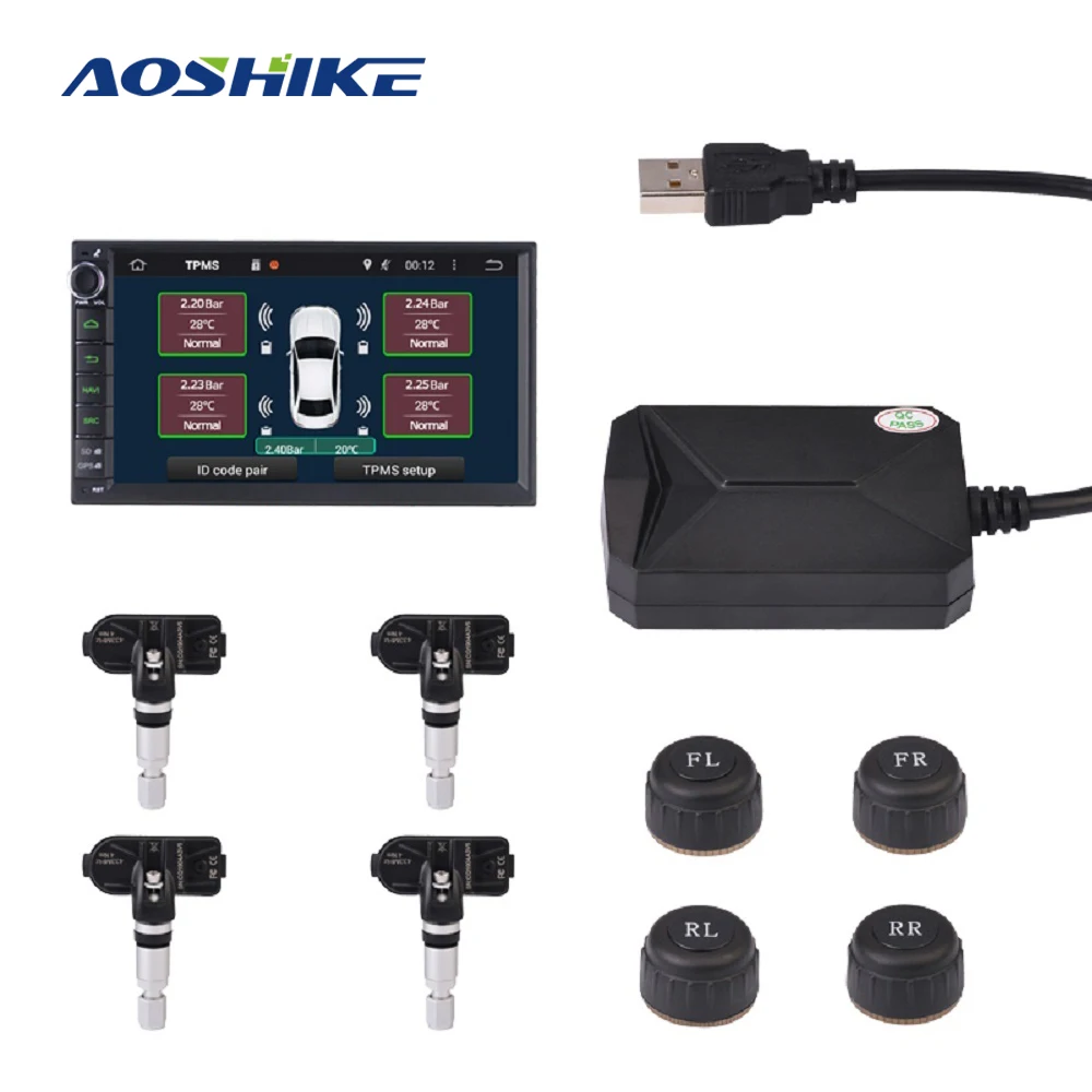 AOSHIKE USB Android TPMS Tire Pressure Monitoring System Display Alarm System External Internal 4 Sensors Android Navigation
AOSHIKE USB Android TPMS Tire Pressure Monitoring System Display Alarm System External Internal 4 Sensors Android Navigation