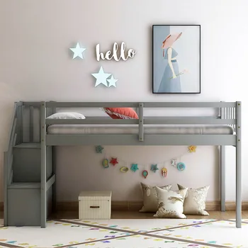 Low Floor Loft Bed Climbing Ladder Storage Function Children's Play Space With Handrail Ladder Safety Guardrail Bedroom Bunk Bed