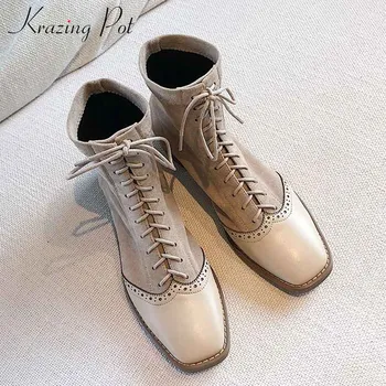 krazing pot brogue carved patchwork stretch flock boots square toe med heels winter warm lace up fashion beauty ankle boots L88
krazing pot brogue carved patchwork stretch flock boots square toe med heels winter warm lace up fashion beauty ankle boots L88