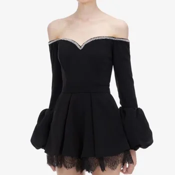 New early spring 2020 black one line off shoulder with diamond bra lace Lantern Sleeve Jumpsuit trend
New early spring 2020 black one line off shoulder with diamond bra lace Lantern Sleeve Jumpsuit trend