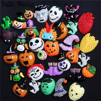 

Julie Wang 30PCS Resin Halloween Charms Random Mixed Pumpkin Ghost Bat Pendants Jewelry Making Accessory Festival Decor