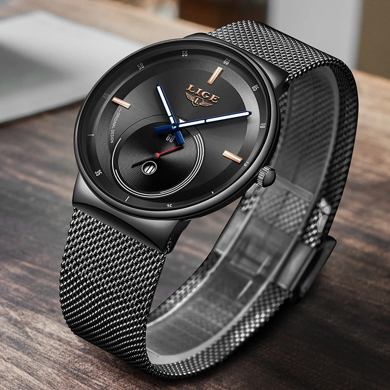 Фото Relogio Masculino LIGE New Luxury Top Brand Men Business Watches Waterproof Quartz Analog Wristwatch Mesh Belt Male Clock+Box | Наручные