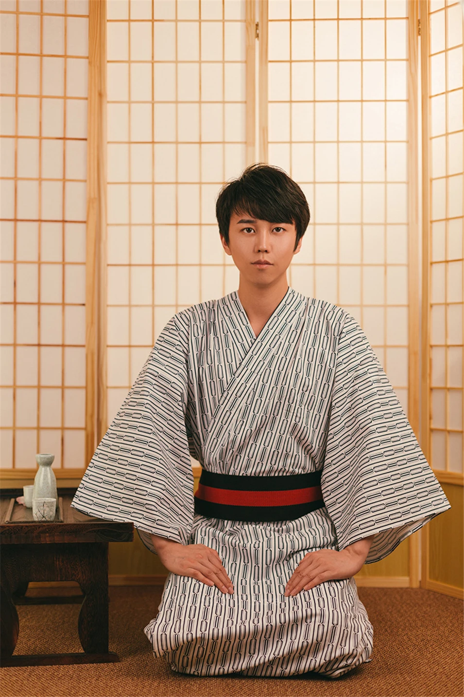 Sommer Männer Japanese Kimono Yukata Gestreift Kurz Sleeve Nachtwäsche Pyjama 