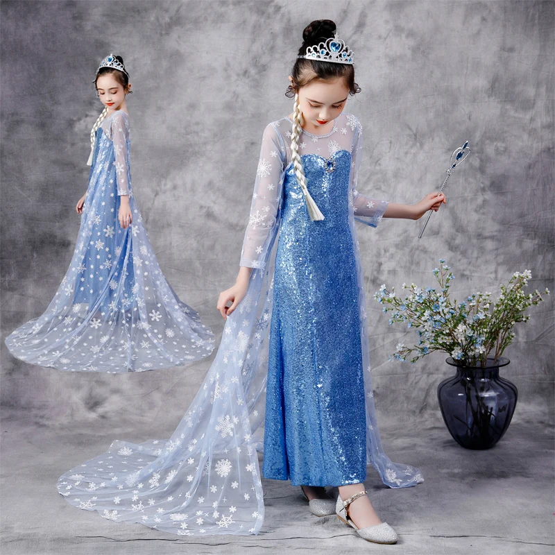 

VOGUEON Snow Queen Princess Girls Dress Snowflake Sequins Print Fancy Elsa Dresses For Christmas Party Elza Cosplay Costume Kids