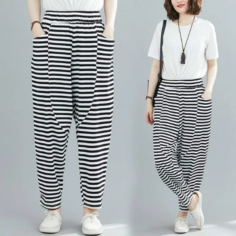 Loose Women Cross-pants Striped Artistic Casual Capri Harem Pants Summer Striped Stitching Elastic Pants Art Retro Casual Pants
Loose Women Cross-pants Striped Artistic Casual Capri Harem Pants Summer Striped Stitching Elastic Pants Art Retro Casual Pants