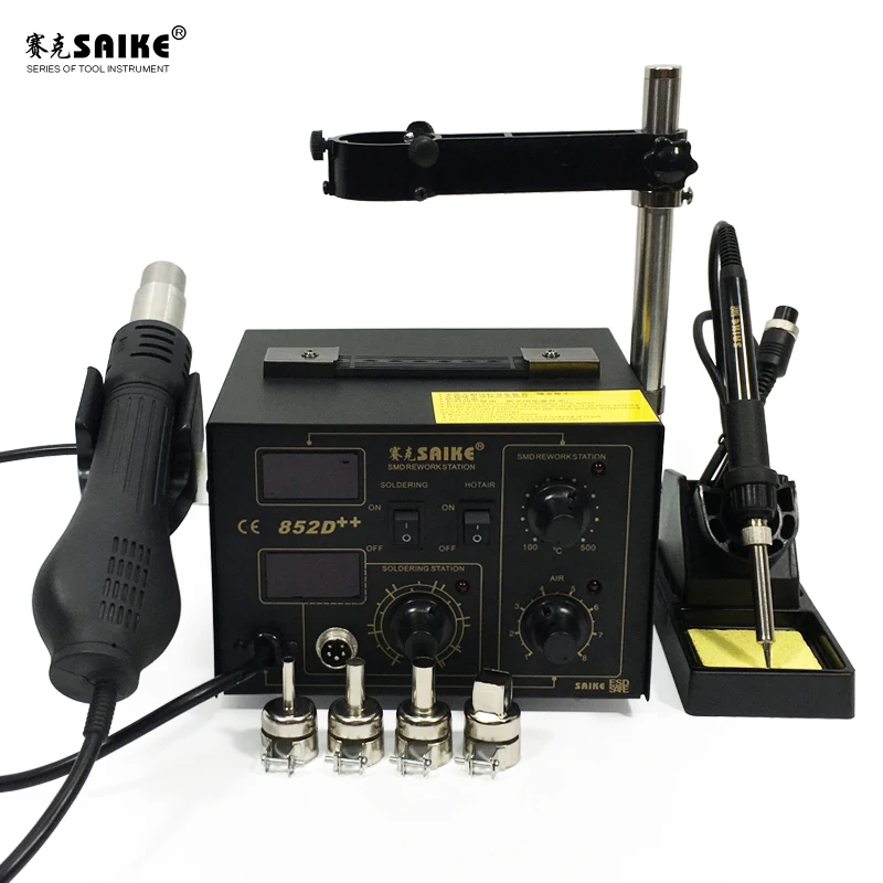 Hot Air Gun Soldering Station Desoldering Station Soldering Iron 2 In 1 SMD Rework Station SAIKE 852D++ With Batcket Stand
Hot Air Gun Soldering Station Desoldering Station Soldering Iron 2 In 1 SMD Rework Station SAIKE 852D++ With Batcket Stand