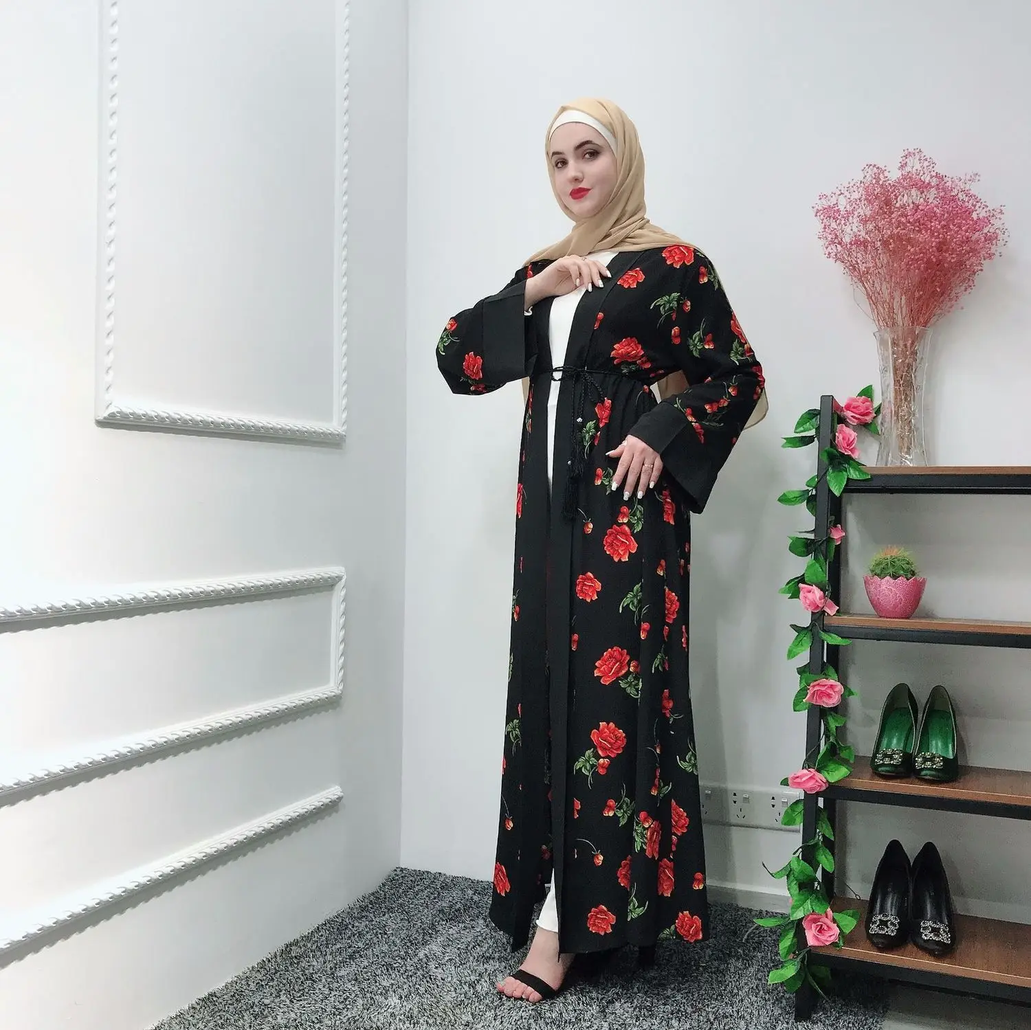 Фото Элегантное женское Платье макси с цветочным рисунком кардиган кимоно длинное
