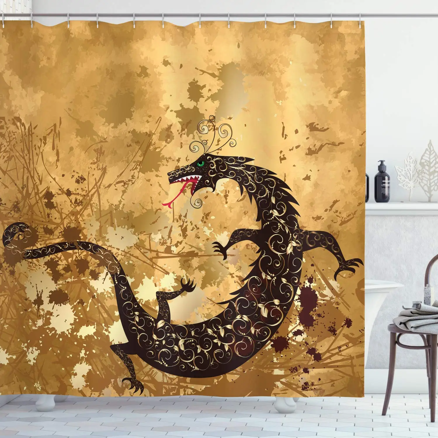 Dragon Shower Curtain, Reptile Dragon Grunge Floral Ornate Retro Image, Cloth Fabric Bathroom Decor Set with Hooks Caramel Brown
Dragon Shower Curtain, Reptile Dragon Grunge Floral Ornate Retro Image, Cloth Fabric Bathroom Decor Set with Hooks Caramel Brown