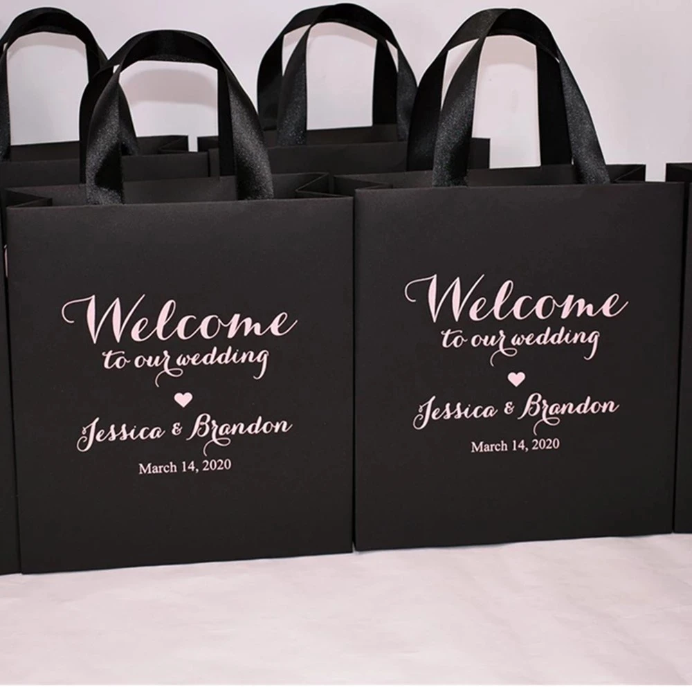 

Personalized Black & Blush Wedding Welcome bags for favor for guests, Elegant Gift Bag with satin ribbon and names goodie bag