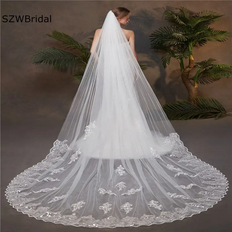 

New Arrival White Ivory Long bridal veil 2024 Lace Appliques White Ivory Cheap wedding veils with comb Voile mariee