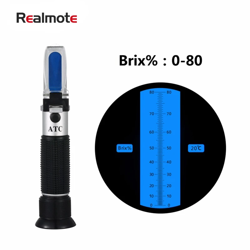 Realmote Handheld Brix 0-80% Refractometer ATC Concentration High Sugar Test Tool Fruit sweetness meter
Realmote Handheld Brix 0-80% Refractometer ATC Concentration High Sugar Test Tool Fruit sweetness meter