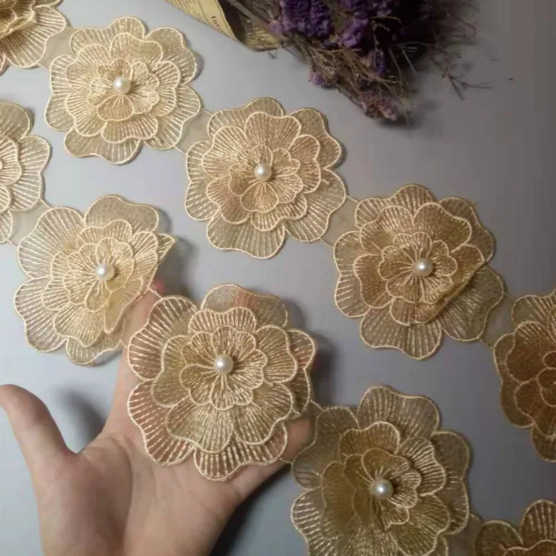 

1 yard Gold Big Flower Pearl Beaded Embroidered Lace Trim Floral Applique Patches Fabric Sewing Vintage Wedding Dress 10cm