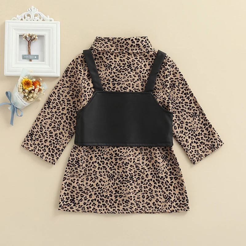 2-7 Years Toddler Kids Girls Dress Leopard Print Long Sleeve Turn-down Collar Spring Autumn Casual Black Waistcoat | Детская одежда и