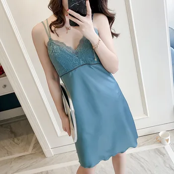 Sexy pajamas female ice silk lace sling nightdress with chest pad, temptation, sexy home service
Sexy pajamas female ice silk lace sling nightdress with chest pad, temptation, sexy home service