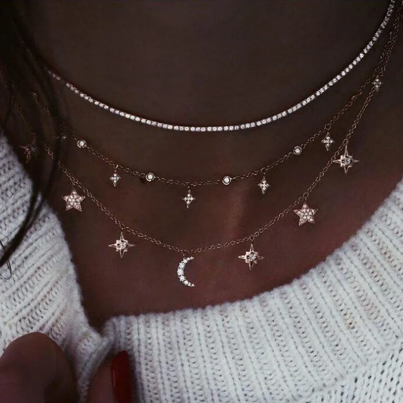 Women Fashion Jewelry Multilayer Gold Choker Crystal Star Pendant Chain Necklace