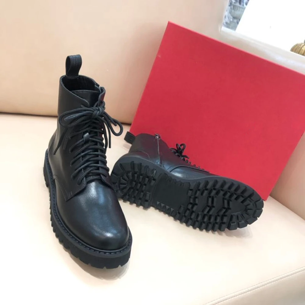 Classic Womens Boots Genuine Leather Womens Shoes Luxury Design Brand Shoes For Woman Winter Lace-up Ankle Boots Size 34-41