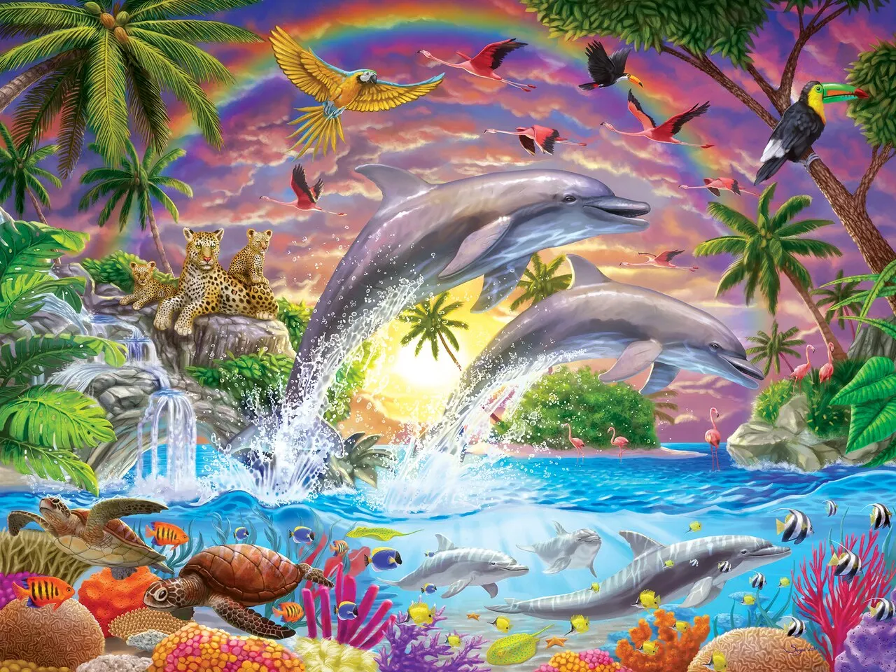 

JOHNSON Fantasy Isle Dolphins Rock Tree Sea Ocean Rainbow Turtle backdrops High quality Computer print party background