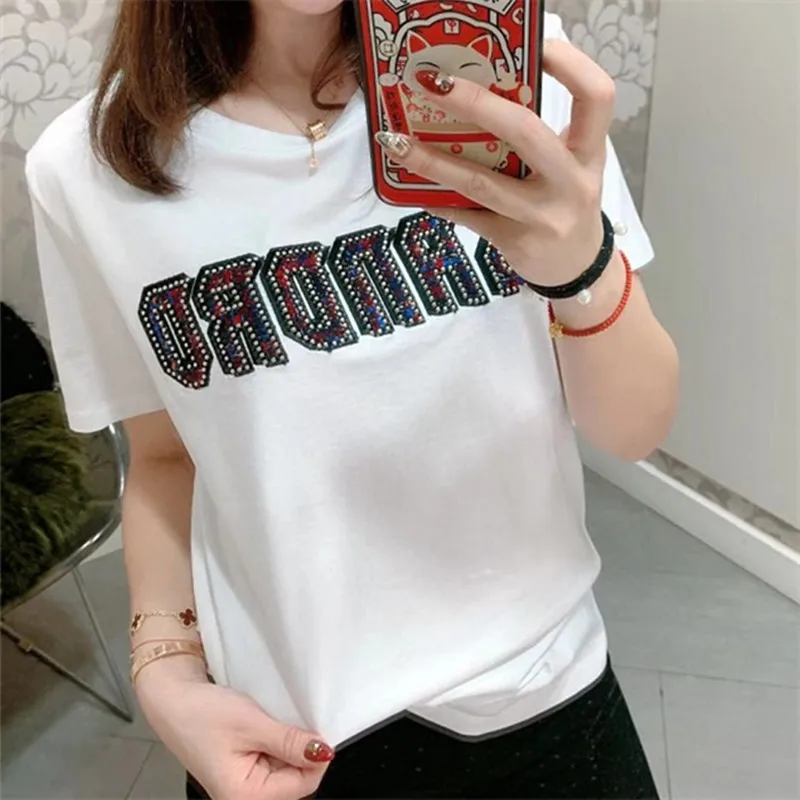 White Letter Beads Embroidery Women's T-shirt O-neck Short Sleeve female Tee Casual Summer Female Wild Stylish ladies T Shirts
White Letter Beads Embroidery Women's T-shirt O-neck Short Sleeve female Tee Casual Summer Female Wild Stylish ladies T Shirts