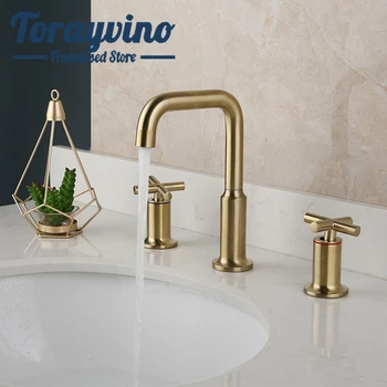 

Wash Basin Faucet Brass Double Handle Faucets Deck Mounted Spray Sink Water Mixer Tap Tall Faucet Set Gold Golden Contemporary