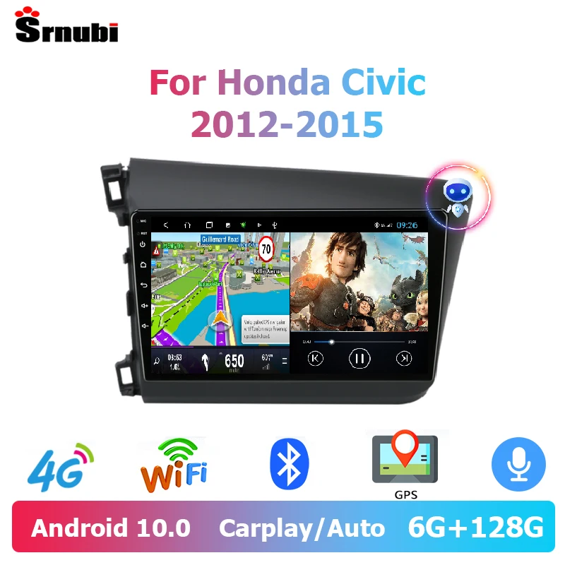 Автомобильная магнитола Srnubi Android 10 0 для Honda Civic 2012-2015 2 Din 4G WiFi GPS Carplay мультимедийный