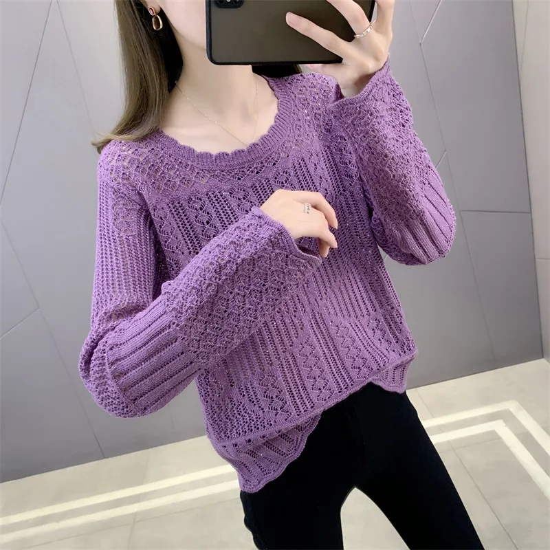 

Ms new sequins hollow-out sweater female conventional jacket easing round neck long sleeve knit thinner