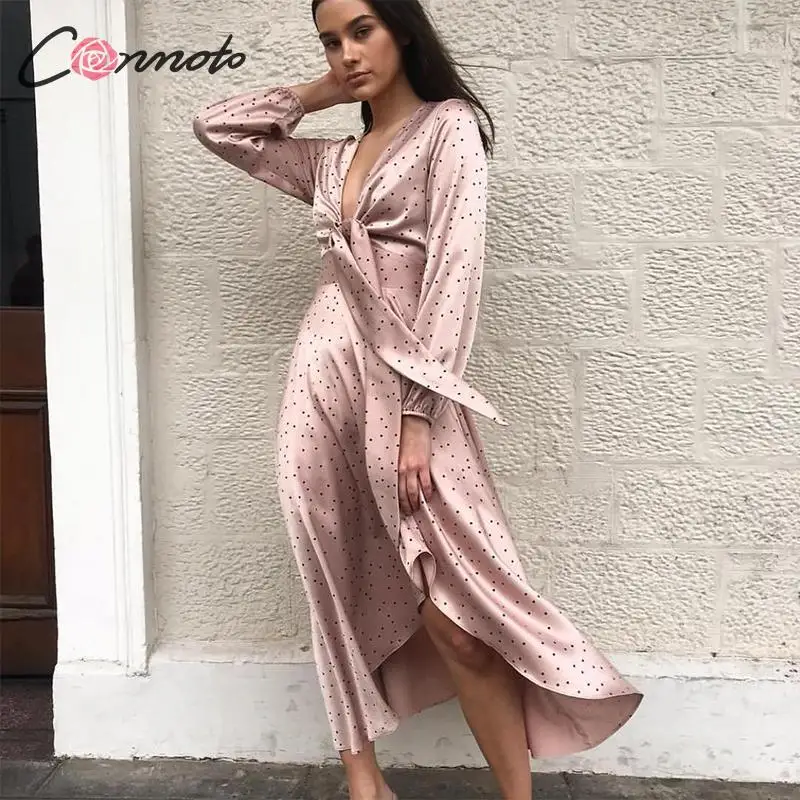 

Conmoto Women 2019 Autumn Winter Dress Pink Polka Dot Bow Satin Long Dress Elegant Lantern Long Sleeve Maxi Party Dress Vestidos