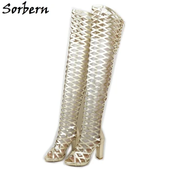 Sorbern Light Gold Summer Sandals Over The Knee Booty Style Block Heel Open Toe Hollow Out Back Zipper Custom Wide Fit Legs
Sorbern Light Gold Summer Sandals Over The Knee Booty Style Block Heel Open Toe Hollow Out Back Zipper Custom Wide Fit Legs