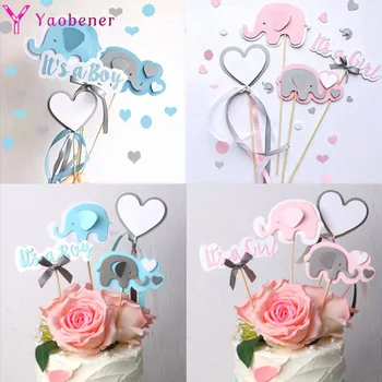

4pcs Blue&Pink Cartoon Elephant Cake Topper Baby Shower Cupcake Toppers Its A Boy Girl Gender Reveal Cake Decoration Supplies