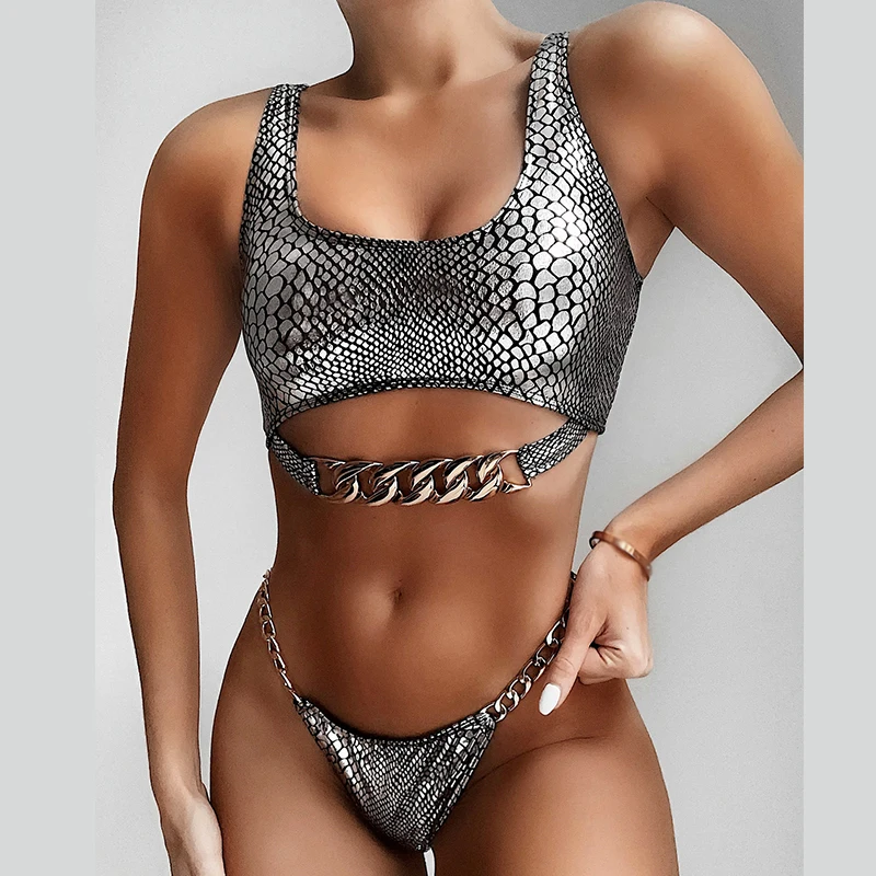 

Sexy bikini push up Snake print swimsuit women Neon swimwear 2020 female Chain bathing suit Brazilian beach wear bathers Set