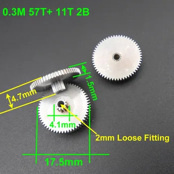 100Pc 0.3 Modulus 0.3M Steel Double Gear Reduction gear 57T + 11T Aperture 2.05mm 2B Loose Fitting 57 Teeth 11 Teeth 4.7mm KC005 
100Pc 0.3 Modulus 0.3M Steel Double Gear Reduction gear 57T + 11T Aperture 2.05mm 2B Loose Fitting 57 Teeth 11 Teeth 4.7mm KC005