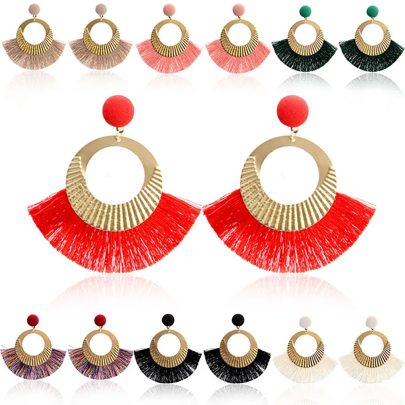 Classic Bohemian Stud Earrings Folk-custom Silk Tassel Scalloped Earring 2019 Gold Metal Big Circle Fashion Women Jewelry Gifts | Украшения