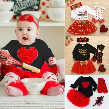 

US My 1st Valentine Day Newborn Baby Girl Clothes Romper Bodysuit Tutu Skirt 4Pcs Outfit Set 0-24 months