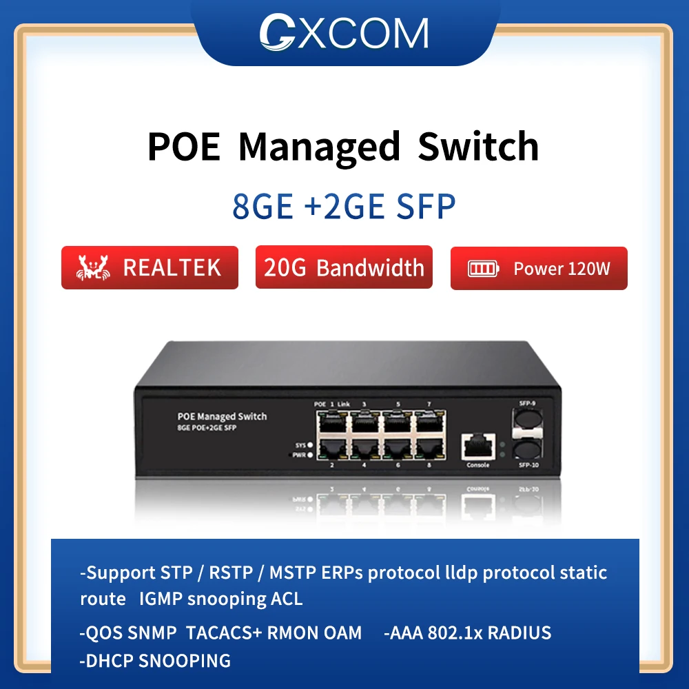 Управляемый коммутатор ethernet с 8 портами полный гигабитный RJ45 + 2 слотами Gigabit SFP POE
