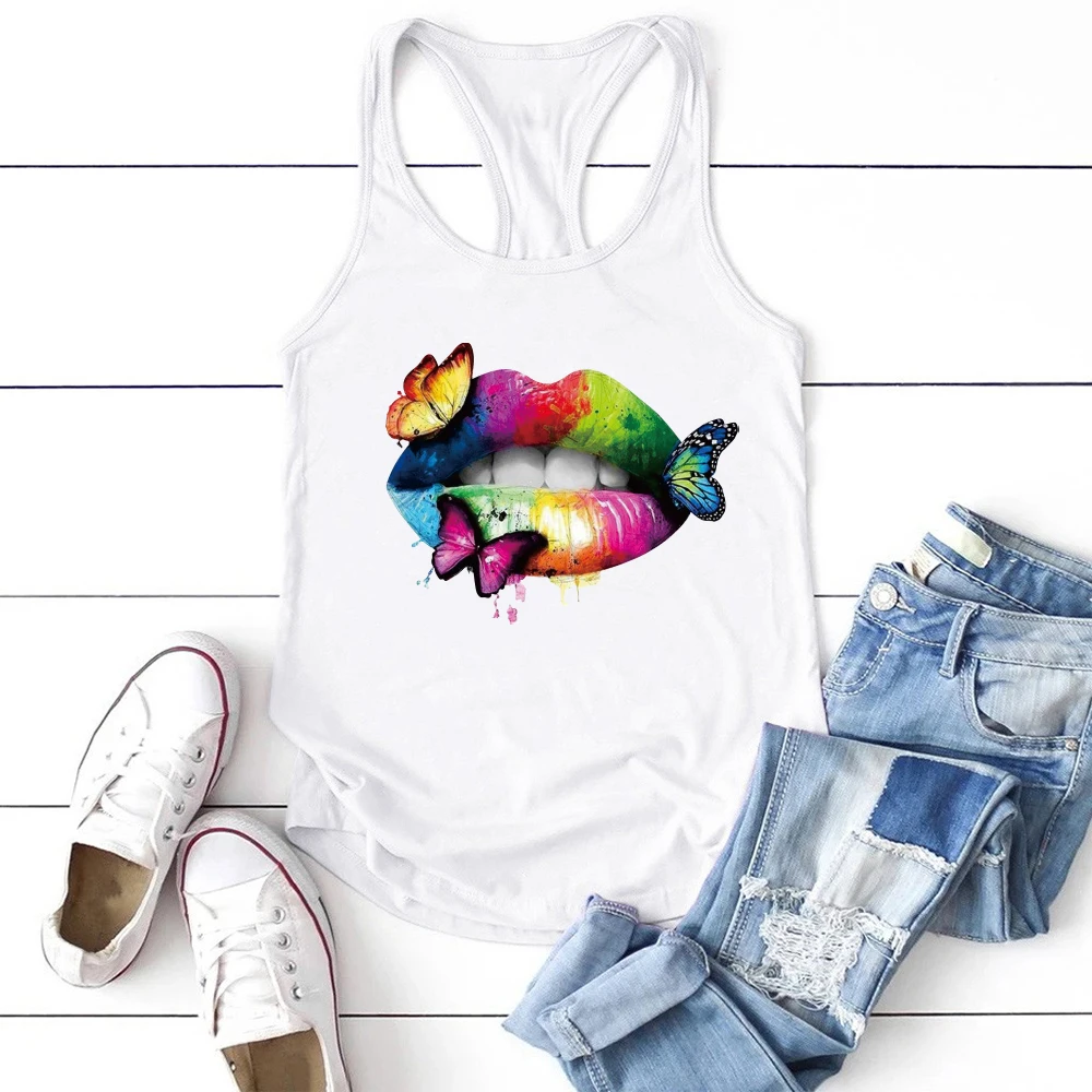 Multicolored Lips Butterflies Printed Women Tank Top JKP4760