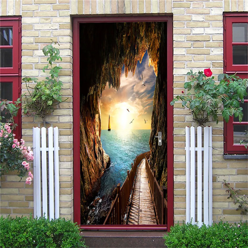 2PCS/SET Door Sticker PVC Self-adhesive Waterproof 3D Removable Home Decor Wine Shelf Decals DIY Wall Art Mural stickers porte 2PCS/SET Door Sticker PVC Self-adhesive Waterproof 3D Removable Home Decor Wine Shelf Decals DIY Wall Art Mural stickers porte