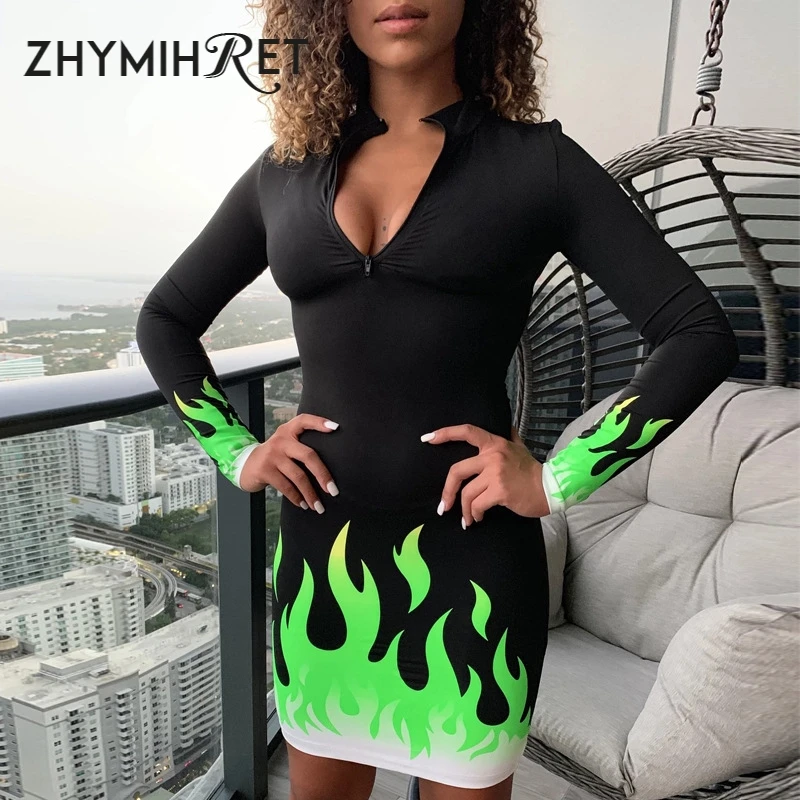 ZHYMIHRET Neon Color Zipper Front Bodycon Dress 2019 Autumn Long Sleeve Flame Print Patchwork Mini Party Dress Female Streetwear
ZHYMIHRET Neon Color Zipper Front Bodycon Dress 2019 Autumn Long Sleeve Flame Print Patchwork Mini Party Dress Female Streetwear