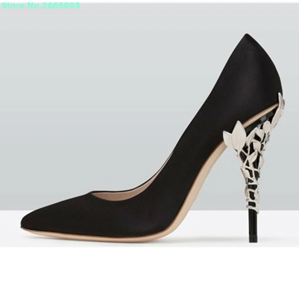 

Pointed Toe Stiletto Metal Heels Pumps Branches Leaves Shallow Solid Abkle Women Concise Spring Party Dress Wedding Shoes Pumps