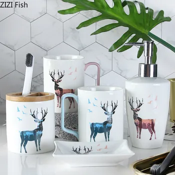 

Deer Pattern Ceramics Glass Bathroom Supplies Six-piece Set Toothbrush Holder Lotion Bottle European Style Bathroom Kit