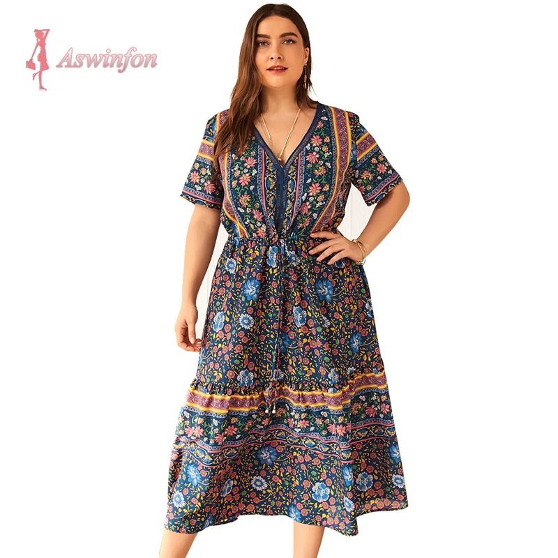 Aswinfon Plus size Women Dress A-line Midi Dresses Printed Floral V-neck Short Sleeve Autumn Dress for Ladies
Aswinfon Plus size Women Dress A-line Midi Dresses Printed Floral V-neck Short Sleeve Autumn Dress for Ladies