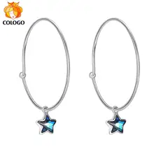 COLOGO 100% Real 925 Plata de Ley brillante pentagrama cristal 3cm pendientes largos para mujer boda niña joyería regalo LKN0081(China)