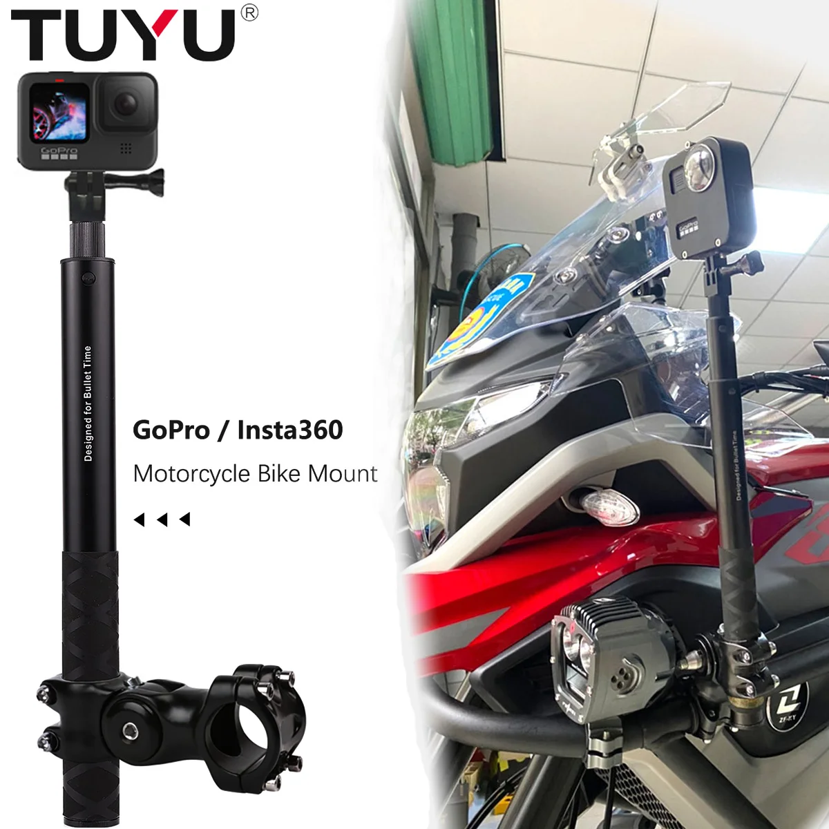 

TUYU Motorcycle Bicycle Handlebar Mount Bracket for GoPro Max Hero 12 11 10 Insta360 X2 One R Invisible Stick Camera Accessories