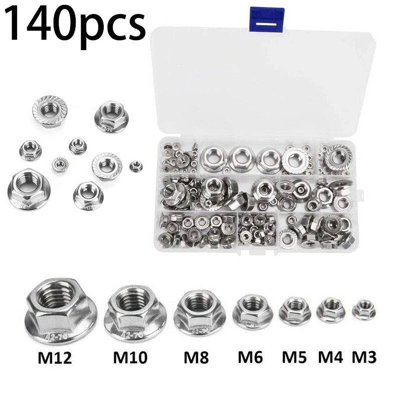 140pcs/Set Stainless Steel Hex Flange Lock Nut Assortment M3 M4 M5 M6 M8 M10 M12 Durable And Good Quality
140pcs/Set Stainless Steel Hex Flange Lock Nut Assortment M3 M4 M5 M6 M8 M10 M12 Durable And Good Quality