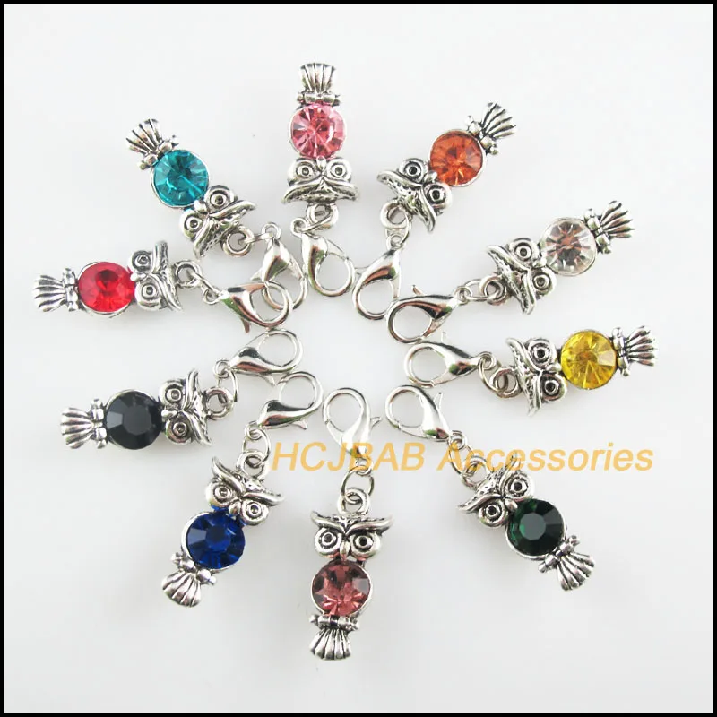 

10 New Owl 10.5x22mm Charms Mixed Round Crystal Tibetan Silver Plated Retro With Lobster Claw Clasps