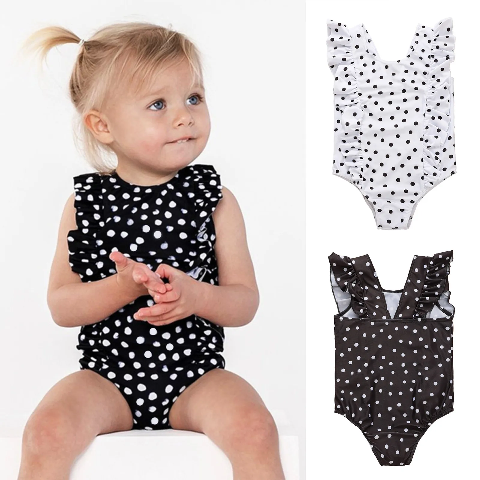 

Hot New Toddler Kid Baby Girls Polka Dots Swimwear Ruffled Trim Bow Back Swimsuit Cute One Piece Outfit Beachwear Bathing Suit