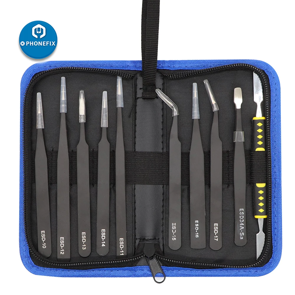 10 in 1 ESD Anti-Magnetic Tweezers Tool Set Straight Curved Tip Tweezer Stainless Multifunction Nipper Repair Tool Kit with Bag
10 in 1 ESD Anti-Magnetic Tweezers Tool Set Straight Curved Tip Tweezer Stainless Multifunction Nipper Repair Tool Kit with Bag