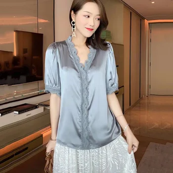 Slim Silk Satin Lace Top Summer Luxury Silk Comfortable Short Sleeve V-neck Women's Solid Shirt Sexy Office Eleagnt Shirts
Slim Silk Satin Lace Top Summer Luxury Silk Comfortable Short Sleeve V-neck Women's Solid Shirt Sexy Office Eleagnt Shirts